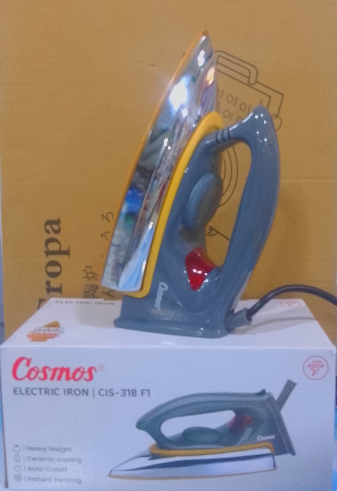 cosmos iron , 400watt dry iron , original golden base iron , automatic iron , nonstick base iron ceramic base auto cutoff and adjustable thermostat