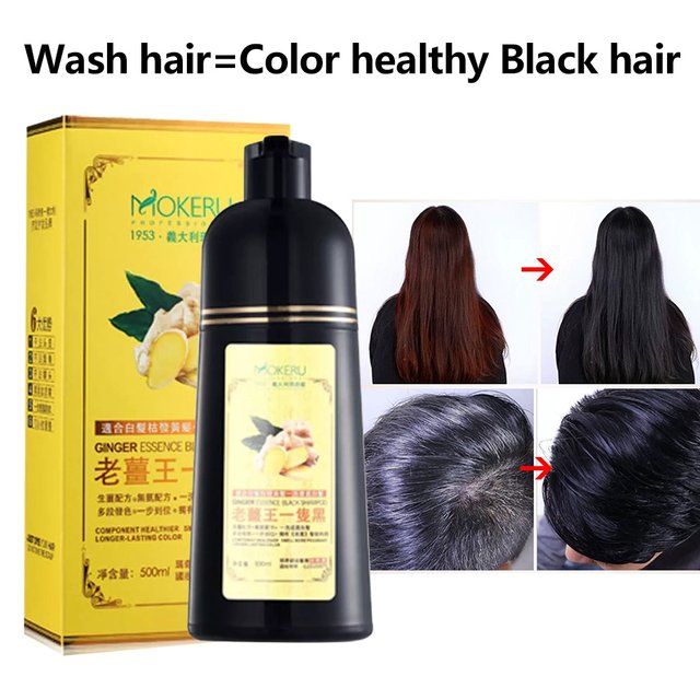 Mokeru 500ml Natural 3 in1 Ginger Extract Herbal Fast Hair Dye Shampoo Permanent Black Dye Shampoo For Cover White Gray Hair