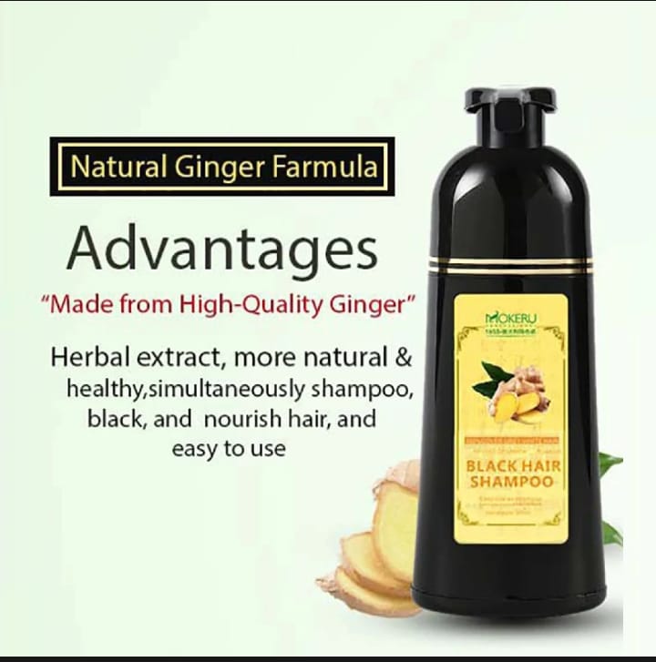 Mokeru 500ml Natural 3 in1 Ginger Extract Herbal Fast Hair Dye Shampoo Permanent Black Dye Shampoo For Cover White Gray Hair