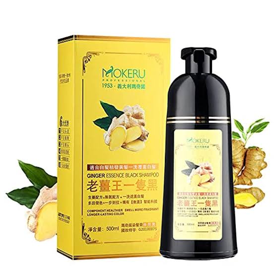 Mokeru 500ml Natural 3 in1 Ginger Extract Herbal Fast Hair Dye Shampoo Permanent Black Dye Shampoo For Cover White Gray Hair