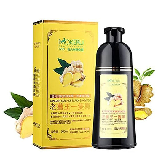 Mokeru 500ml Natural 3 in1 Ginger Extract Herbal Fast Hair Dye Shampoo Permanent Black Dye Shampoo For Cover White Gray Hair