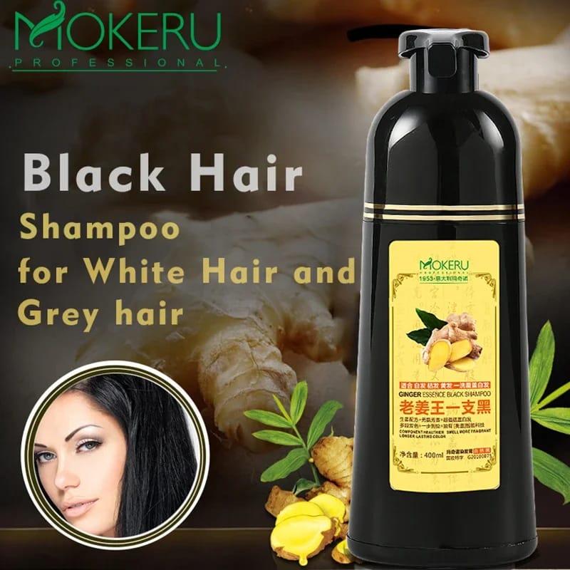 Mokeru 500ml Natural 3 in1 Ginger Extract Herbal Fast Hair Dye Shampoo Permanent Black Dye Shampoo For Cover White Gray Hair
