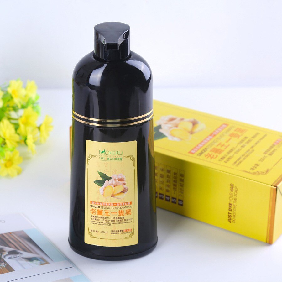 Mokeru 500ml Natural 3 in1 Ginger Extract Herbal Fast Hair Dye Shampoo Permanent Black Dye Shampoo For Cover White Gray Hair